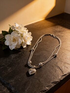 Vintage Stainless Steel Heart Charm Necklace, Preowned